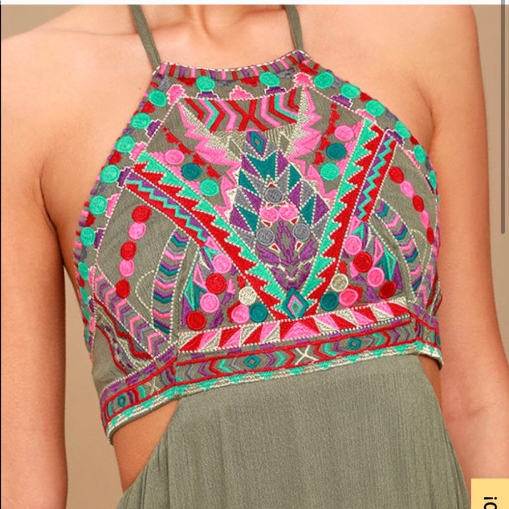 Little Beach Olive Green Embroidered Maxi Dress